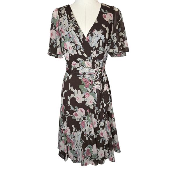 Ralph Lauren Crinkle Georgette Floral Surplice Brown Dress size 2 - Picture 1 of 8